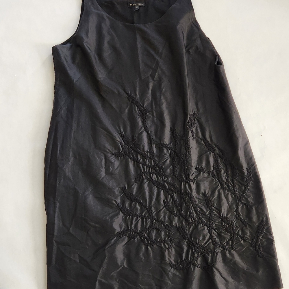 Eileen Fisher 100% Silk Black Textured Mini Dress